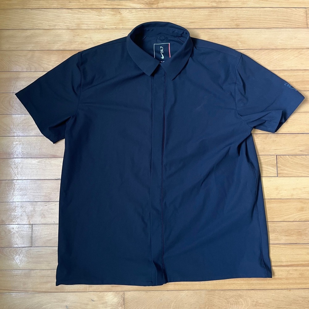 Nike 24.7 Mens Dri-FIT Short Sleeve Hidden Button Up Shirt Navy Blue Medium